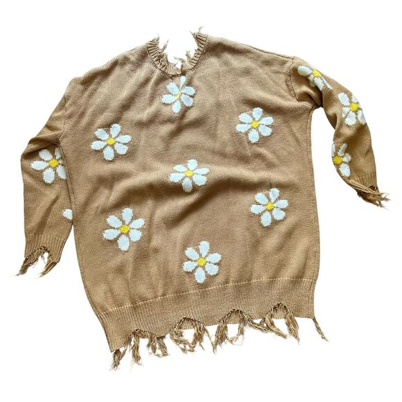Just Polly New York Brown w/ Daisy Sweater SZ L Distressed V-neck Raw Edge - Picture 10 of 10